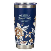 Stainless Steel Travel Tumbler: I Can Do All Things Through Christ Honey-brown and Navy Floral