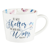 Ceramic Mug: He Will Shelter You, Coloured Feathers/White